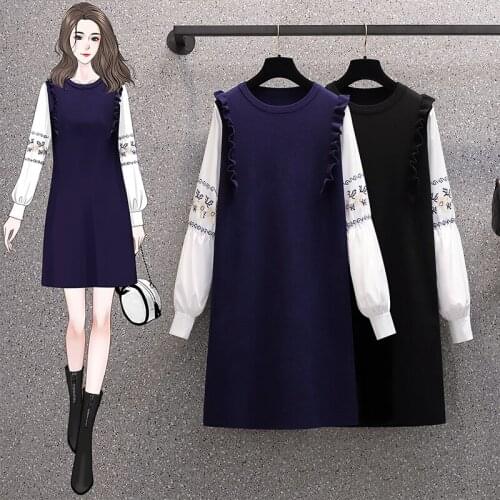 EHQAXIN Elegant Large Size Womens Knitted Dresses Autumn Winter Wood Ear Stitching Printed Shirt Loose Mid-Length Dress L-4XL