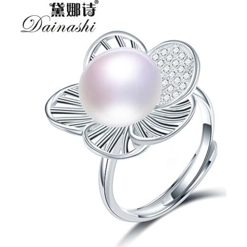 Dainashi High Quality 10-11 mm Freshwater Pearl Adjustable Ring Party Gift Luxury 925 Sterling Silver Flower Zircon Crystal Ring
