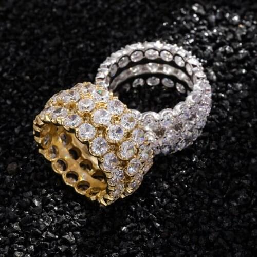Hip Hop 3 Rows AAA Zircon Ice Out Tennis Chain Ring Men Women Gold Color Bling CZ Rings Hiphop Rapper Jewelry Size 7-11