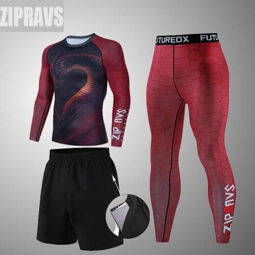 Red Dragon MMA compression long sleeves T Shirts+Pants Fight Shorts BJJ Tracksuit Boxing Jerseys Dragon Flame Men Sport Sets