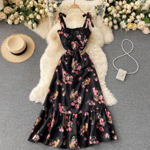 Summer Elegant Black Women Floral Tie Dress 2021 Print Tube Top Mid-Length Ruffle Sexy Strap Dress Female Vestidos