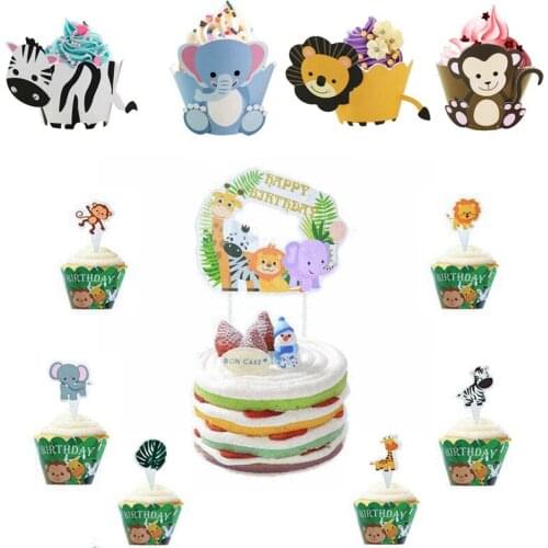 Boy Birthday Baby Shower Cake Decor Zoo Monkey Lion Jungle Party Cake Toppers Safari Theme Cupcake Wrapper Cake Flag Decoration