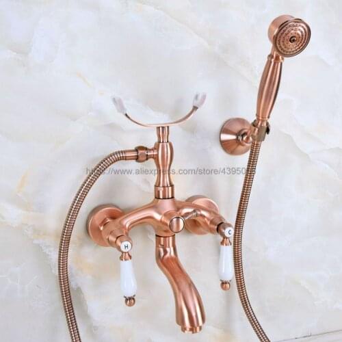Wall Mounted Red Copper Antique Bathtub Faucet Dual Handles Mixer Tap with Hand Shower Bna364