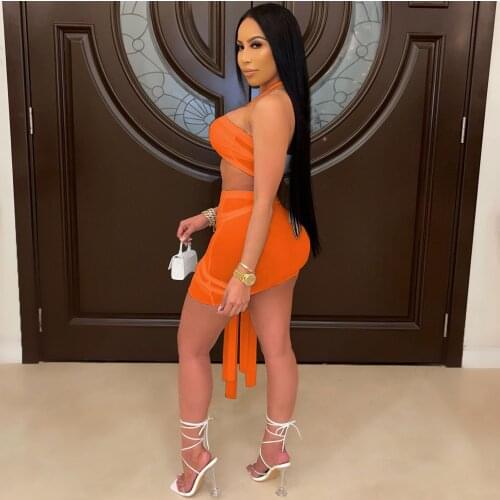 2021 New Womens Sexy See-through Mesh Bandage Tube Top Skirt Two-piece Suit Hot Girl Bag Hip Mini Skirt Two-piece Suit Women