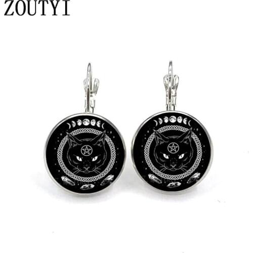 New/fashion glamour five-pointed star black cat photo pattern, convex glass inlay earrings, ladies wear earrings