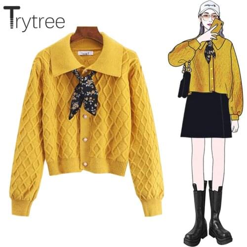 Trytree 2020 Autumn Woman Sweater Casual Single Breasted Cardigan Turn- down Collar Bow Ribbon Knitted Short Coat Tops for Women