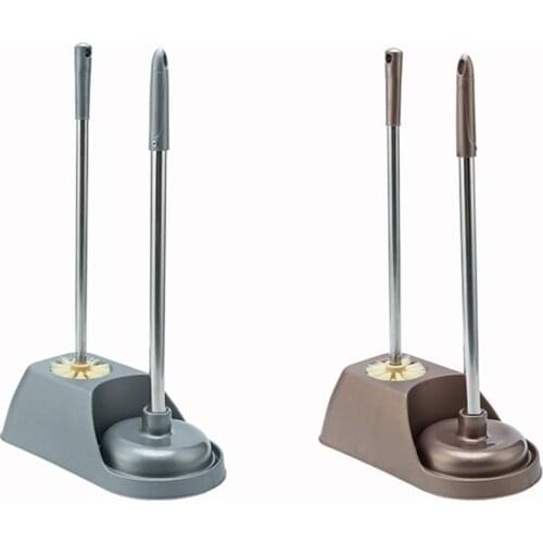Freestanding Plastic Toilet Bowl Brush Cleaner and Plunger Set Toilet Plunger and Bowl Brush for Bathroom Cleaning, Gray, Brown