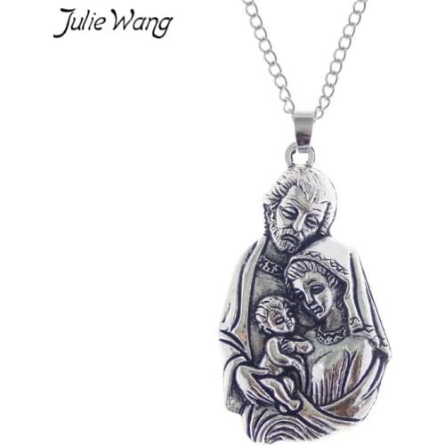 Julie Wang 1PC Antique Silver Color Saint Virgin Mary Joseph Baby Jesus Pendant Necklace Christian Religious Prayer Jewelry