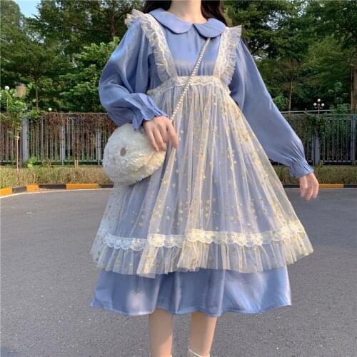 Lolita Dress One Piece Women Everyday Clothing 2 Piece Set Sweet Cute Soft Girl Blue Big Swing Dresses Kawaii Girly Lolita Dress