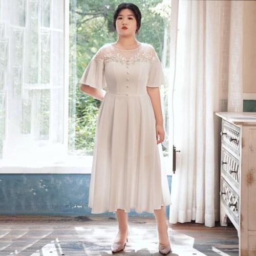 Evening Dress Lace O-Neck Button Short Sleeves Ruched Tea-Length A-Line Appliques Bling New Plus Size Women Formal Gowns D465