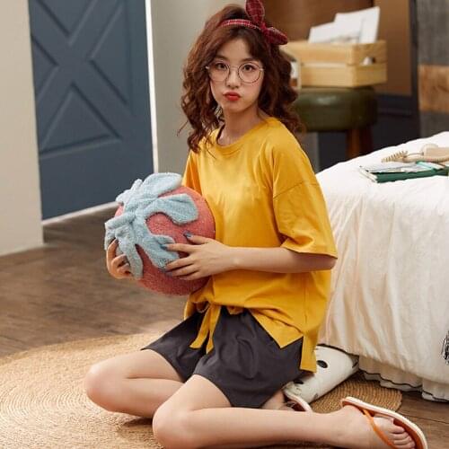 Simple 2PCS Pajama Set Casual Pijama Female O-Neck Pyjama Short Sleeve T-shirt Shorts PJ Summer Sleepwear Girls Home Wear Suit