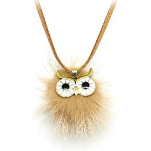 GDHY Colorful Owl Plush Ball Pendant Necklace Imitation Leather Long Fur-ball Cute Owl-shape Sweater Chain Womens Jewelry