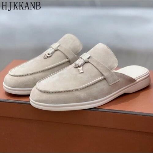 Genuine Leather Suede Half Slippers Flat Bottom Round Toe Metal Lock Decor Slides Solid Color Cozy Lazy Mules Flipflop Larger 42