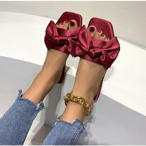 Lady Summer Slippers Comfort Outdoor Hotel Wedding Evening Slip-On Flat Front Tie Silk Satin Bow Slide Sandals