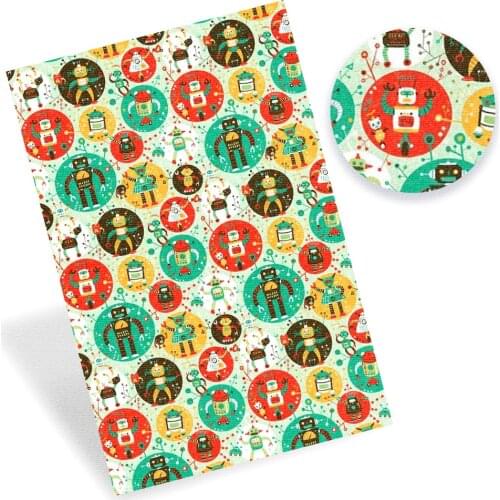 IBOWS Faux Leather Fabric Robot Spaceship Aliens Printed Synthetic Leather Sheets DIY Crafts Hairbows Belt Bag Material 22*30cm
