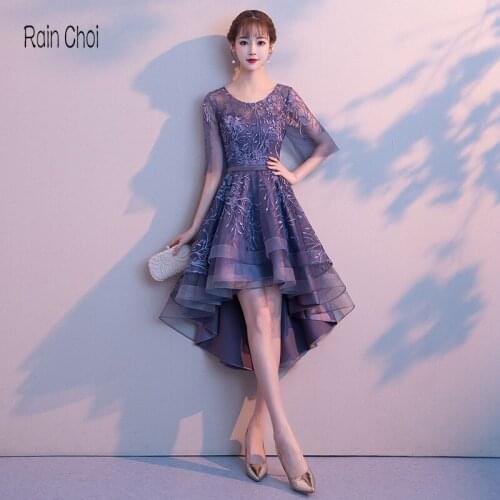 Prom Dress 2021 High Low Wedding Party Gown Half Sleeves Robe De Soiree Tea Length Evening Dresses