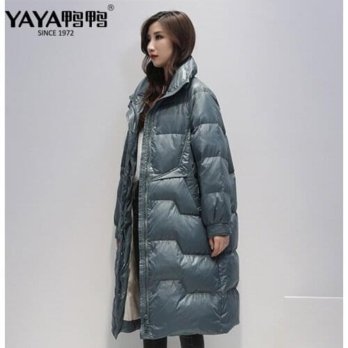 YAYA New Winter Womens Long Warm White Duck Down Jacket Loose Stand Collar Down Coat Thick Windproof Warm Outerwear