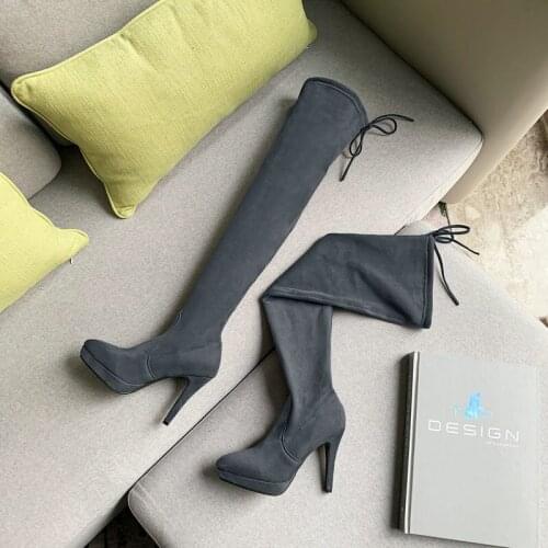 New High Heels Over The Knee High Women Boots Black Gray Colors Flock Leather Platform Wedding Party Shoes Women Large Size 43