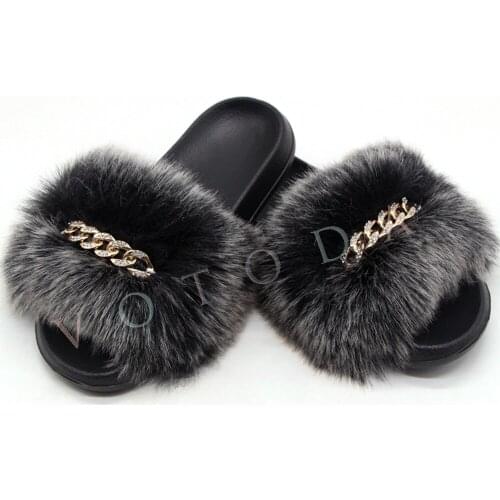 Woman Faux Fur Rhinestone Slides Lady Furry Fur Diamond Sandals Female Fluffy Faux Fur Crystal Slippers Woman Flat Indoor Slides