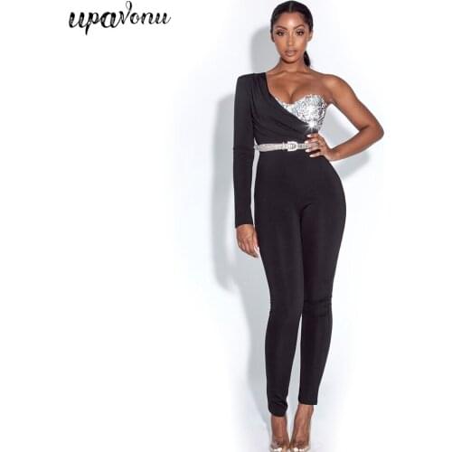 Free Shipping 2021 New Womens Sequined Jumpsuit Sexy V-neck One Shoulder Long Sleeve Halter Bodycon Club Party Pencil Jumpsuit
