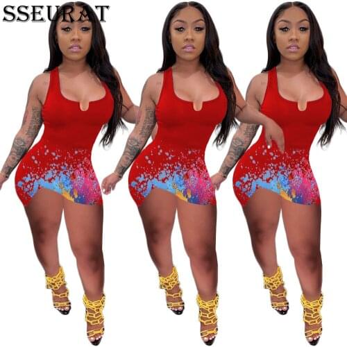 SSEURAT Tie Dye Spaghetti Strap Mini Dress V Neck Sexy Women Bodycon Irregular Night Club Dresses