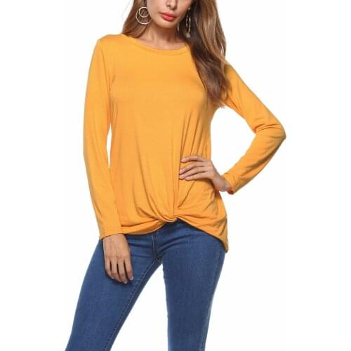 2017 Autumn New Style Women 's Asymmetry Long Sleeve Knotted T-shirt Tops Fashion Cotton O-neck T-shirt