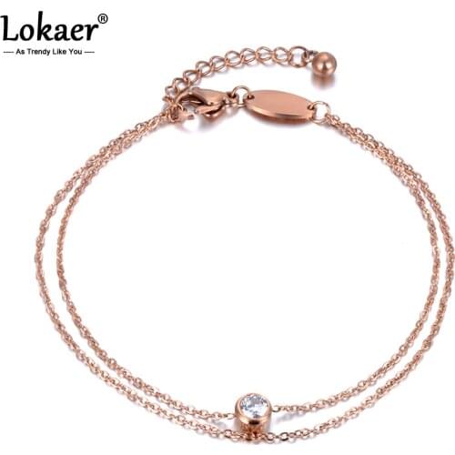 Lokaer Bohemia Stainless Steel Double Layers Bracelets Rose Gold Color Jewelry Single CZ Crystal Simple Design Best Gift B18178