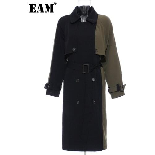 [EAM] Women black contrast color big size Trench New Lapel Long Sleeve Loose Fit Windbreaker Fashion Spring Autumn 2021 1DD2380