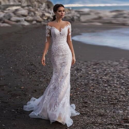 Elegant Tulle Wedding Dresses Lace Appliques V-Neck Sweep Train Button Back Long Sleeve Mermaid Bridal Gowns Custom Made