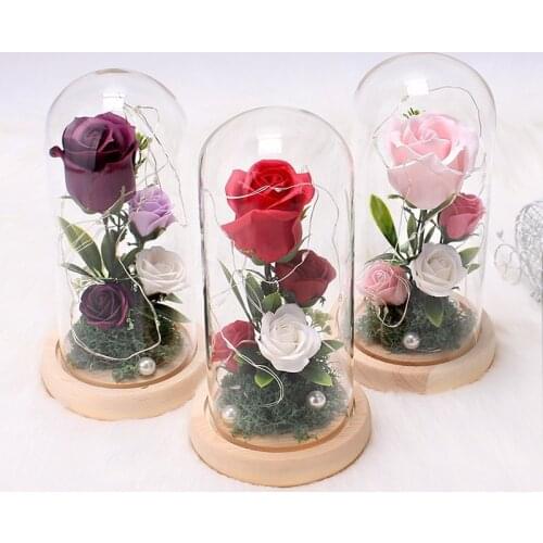 Artificial Eternal Rose LED Light Beauty The Beast In Glass Cover Christmas Home Decor for Mother Valentines Day New Year Gift