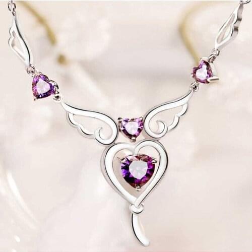 Luxury 925 Sterling Silver 6*6MM Heart Angel Wings Design Purple Gemstone Wedding Engagement Pendant Necklace Briday Jewelry