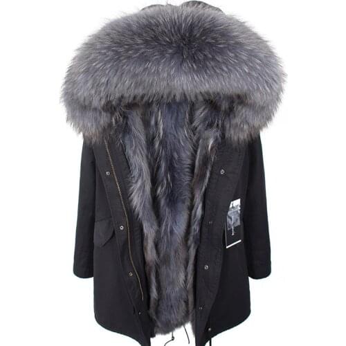 Natural raccoon fur lined jacket coat big raccoon fur collar black gray park thick warm coat