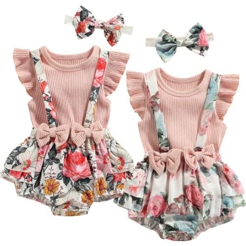 3Pcs Baby Summer Outfit, Solid Color T-Shirt + Rose Print Suspenders Pantie + Hairband for Toddler Girl, 0-18 Months