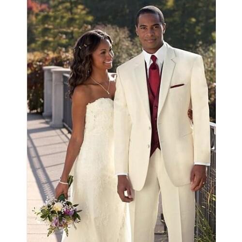 Wedding Suits For Men Two Buttons Ivory Tuxedo Features A Premium Grade Satin Notch Lapel(Jacket+pants+vest+tie)Men Suitswedding