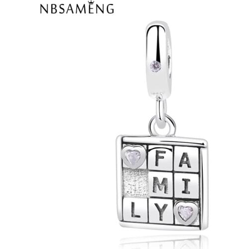 NBSAMENG 100% 925 Sterling Silver Bead Charm Love Family Pendants Beads Clear CZ Fit Original Bracelets DIY Jewelry