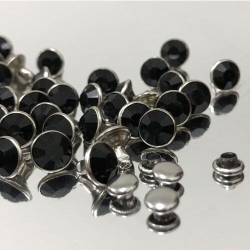 New 8MM 50 Sets Cz++ Black Crystal Rivets Silver Plated Spots Studs Double Cap Fit for DIY Leather-Craft Making