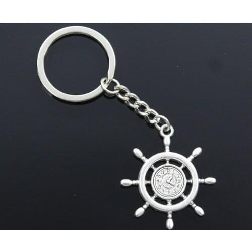 New Fashion Men 30mm Keychain DIY Metal Holder Chain Vintage Rudder Helm Anchor Ship Clock 40x35mm Silver Color Pendant Gift