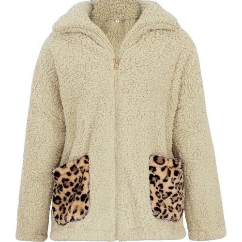 Autumn Winter Women Leopard Patchwork Casual Zipper Teddy Coat Women Faux Fur Coat Fur Jacket Plus Size Plus Overcoat Outwear