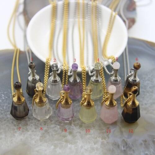 Natural Tiger Eye/Amethysts Faceted Perfume Bottle Pendants Necklace,Rose/Lemon/Smoky/White Quartz Essential Oil Diffuser Vial