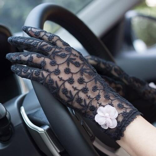 Womens spring summer Elegant lace glove ladys flower embroidery gloves girls riding slip-resistant thin breathable gloves R020