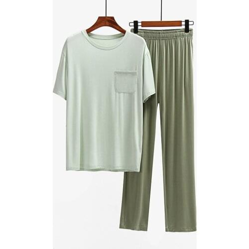 High Quality Ice Silk Modal Mens Pajamas Sets Short Sleeve T Shirt+Trousers Home Clothes For Men Solid Casual Pocket Sleepwear