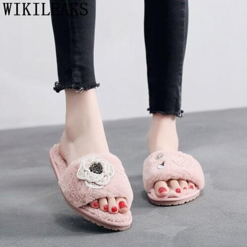 Plush slippers flat shoes women home slippers ladies shoes bedroom winter women shoes fuzzy fur slippers обувь женская zapatos