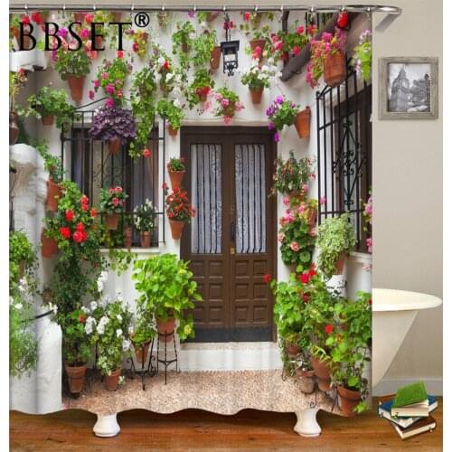 Scenic Shower Curtain Bonsai of Flowers and Grass Outside The House Pattern Waterproof Multi-size Douchegordijn Bathroom Decor