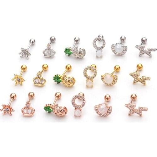 JINGLANG Creative Pineapple Screw Small Earrings Zircon Stainless Steel Earrings Cartilage Tragus Personality Piercing Jewelry