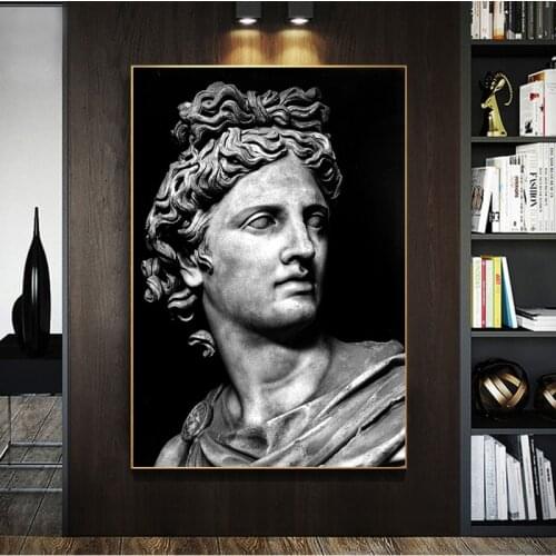Black White Head of The Statue of Apollo Sculpture Canvas Art Poster and Prints Paintings on Wall Art Picture for Home Decor