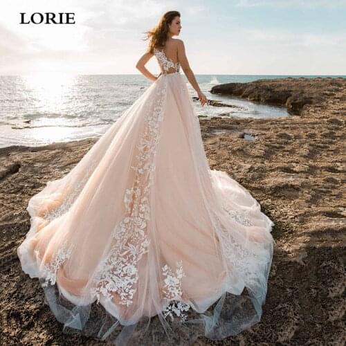 LORIE Nude Pink Princess Wedding Dress A Line Lace Appliqued Illusion Back Bride Dress Puffy Tulle Wedding Gown Custom Made