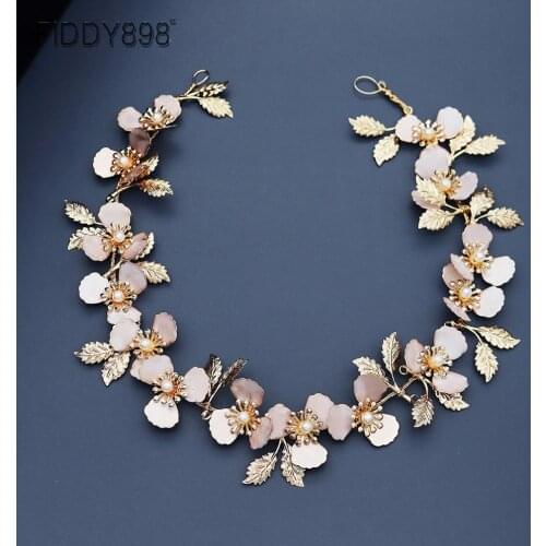 Wedding Decoration 2020 Baroque Gold Leaf Bridal Headband With Flowers Hair Sash HS-J6310