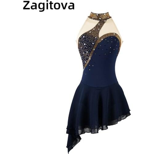 Navy Blue Red Figure Skating Dress For Women And Girls Sleeveless Ice Figure Skating Pole Dancing Clothes Sexy With Rhinestones