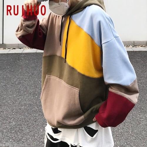 RUIHUO Patchwork Harajuku Hoodie Men Clothing Male Hoody Sweatshirt Japanese Streetwear Hip Hop Couple Clothes M-5XL 2021 Spring
