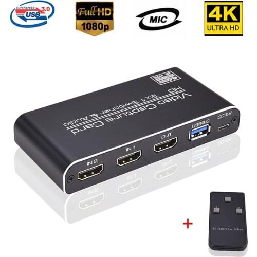 USB3.0 Video Capture Recording Dongle HD 2*1 Switch Loop 4K 60Hz With MIC&3.5mm Audio Jack Game Live Streaming Broadcast